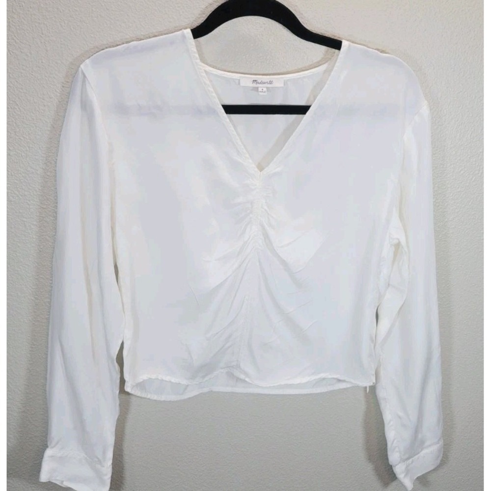 Madewell White Long Sleeve Ruched V-Neck Blouse‎ Size 4